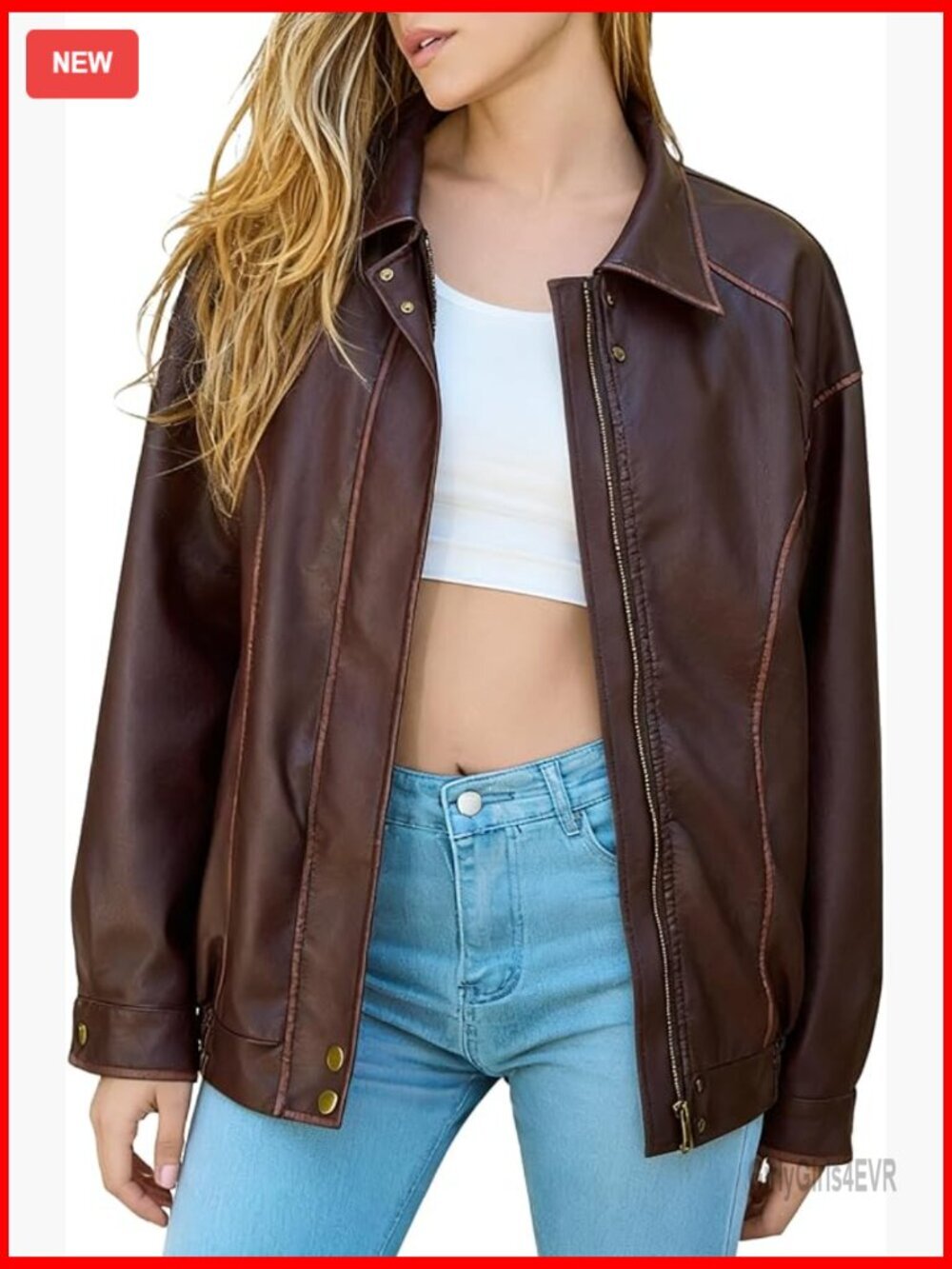 Oversized Faux Leather Biker Jacket Vintage Distressed Lightweight Zip Up